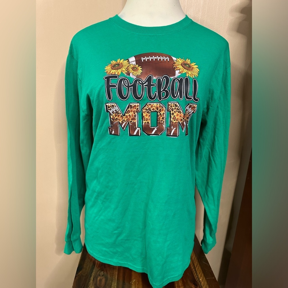 NEW Port and Company Green Football Mom Long Sleeve Tee Size Large